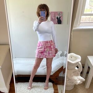 VINTAGE COTTON RED CHILLI HOT PINK WHITE YELLOW PLAID SKIRT ZIPPER POCKETS